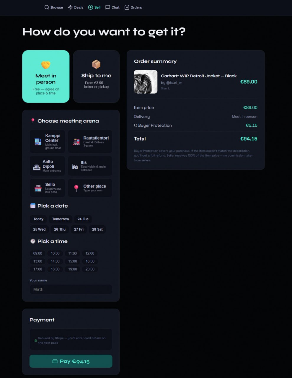 Checkout with in-person meeting points in Helsinki